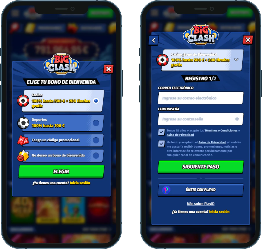 Registro y acceso en bigclash